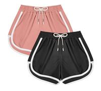 DiULi Short de Sport Fille, Short Gym Respirant en Coton Élastique pour Course à Pied, Vélo, École, Taille Haute avec Cordons, 2PCS-160CM-Noir + Rose
