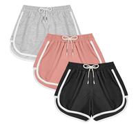 DiULi Short de Sport Fille, Short Gym Respirant en Coton Élastique pour Course à Pied, Vélo, École, Taille Haute avec Cordons, 3PCS-160CM-Noir + Rose + Gris