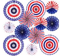 Diulinep Lot de 12 éventails patriotiques en papier à suspendre pour l'indépendance - Décoration murale ronde - Éventail rayé rouge bleu blanc - Décorations de jour de l'indépendance