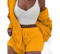 DIVAND Femmes Casual 3 Pièces Ensemble Fluffy Plush Pyjama À Manches Longues Velours À Capuche Veste Manteau + Short + Crop Top Mode Hiver Garder Au Chaud Survêtement,E,M