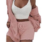 DIVAND Femmes Casual 3 Pièces Ensemble Fluffy Plush Pyjama À Manches Longues Velours À Capuche Veste Manteau + Short + Crop Top Mode Hiver Garder Au Chaud Survêtement,F,XL
