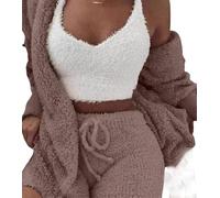 DIVAND Femmes Casual 3 Pièces Ensemble Fluffy Plush Pyjama À Manches Longues Velours À Capuche Veste Manteau + Short + Crop Top Mode Hiver Garder Au Chaud Survêtement,A,S