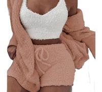 DIVAND Femmes Casual 3 Pièces Ensemble Fluffy Plush Pyjama À Manches Longues Velours À Capuche Veste Manteau + Short + Crop Top Mode Hiver Garder Au Chaud Survêtement,D,L