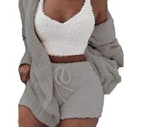 DIVAND Femmes Casual 3 Pièces Ensemble Fluffy Plush Pyjama À Manches Longues Velours À Capuche Veste Manteau + Short + Crop Top Mode Hiver Garder Au Chaud Survêtement,C,L