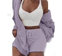 DIVAND Femmes Casual 3 Pièces Ensemble Fluffy Plush Pyjama À Manches Longues Velours À Capuche Veste Manteau + Short + Crop Top Mode Hiver Garder Au Chaud Survêtement,H,L