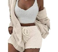 DIVAND Femmes Casual 3 Pièces Ensemble Fluffy Plush Pyjama À Manches Longues Velours À Capuche Veste Manteau + Short + Crop Top Mode Hiver Garder Au Chaud Survêtement,B,M