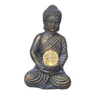 DIVAS SPIRITUAL Bouddha décoratif solaire d'extérieur avec boule lumineuse LED en verre craquelé, statue de jardin effet pierre de ciment, sculpture de décoration de patio résistante aux intempéries
