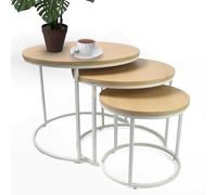DIVCHI Lot de 3 Tables Basses gigognes Rondes Modernes Aspect Bois avec Base en métal Noir pour économiser de l'espace pour Salon, Chambre à Coucher et Balcon (chêne Blanc)