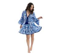 DIVINA Italian Design Robe longue d'été pour femme, coton, bleu avec imprimé citrons, col en V - gilet 175 - T01