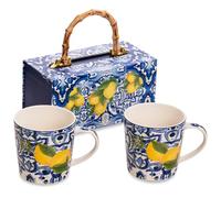 DIVINA Italian Design Tasse en céramique, lot de 2 grandes tasses de 350 ml, bleu, design méditerranéen de luxe, pour petit-déjeuner et thé - SF184
