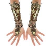 DIVINA VITAE Gants Sans Doigts en Dentelle Bronzante Vintage, Longs avec Bague - Bracelet Steampunk Florale Dorée pour Femmes, Mariée Lacés à la Main