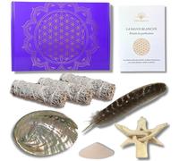 DIVINAYA Coffret 3 bâtons de Sauge Blanche a bruler, 1 Coquille d'Ormeau, 1 Plume, 1 Trépied, Sable et 1 Livret Rituels de Purification, Maison, Méditation. Qualité Premium. Cadeau Spirituel et Zen.