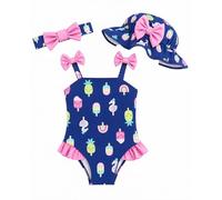 DivingBirds Maillot de bain 3 pièces pour bébé fille avec chapeau de soleil et bandeau - Joli maillot de bain pour nouveau-né et tout-petits, tenue de plage d'été et cadeau de 3 mois à 3 ans, Glace