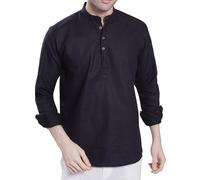 DIVISIVE Kurta Short en coton à manches longues pour homme Coupe ajustée, Noir, S