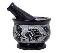 Divit Shilp Mortier et Pilon, en Pierre Dure polie résistante, broyeur en Pierre Naturelle pour Les épices, Les pâtes, Les Herbes, l'assaisonnement, etc. (Floral)