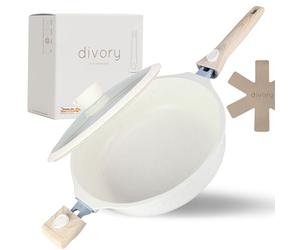 DIVORY Casserole à braiser 28cm induction, Poêle à servir avec couvercle 4,2l - Poignée amovible, Cuve revêtue résistant au four, Aluminium Casserole à bords hauts + protège-poêle