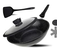 DIVORY Poêle pour wok 30 cm avec couvercle - manche amovible, adapté à l'induction, revêtement anti-adhésif, induction y compris spatule pour wok & protège-poêle