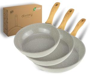 DIVORY Set de poêles en céramique 20, 24, 28cm - Poêles avec revêtement céramique, induction, sans PFAS & PTFE, résistantes au four & au lave-vaisselle (Natura, 20, 24, 28 cm)