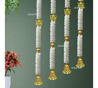 Divyakosh Lot de 4 cordes blanches de Mogra Fleur de Ganeshji et cloches à suspendre au mur - Fleur artificielle latkan pour temple, festival, Diwali/Ganpati Pooja - Décoration de porte - 1 m