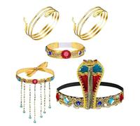 diwedaso Accessoires de déguisement : coiffe de reine égyptienne argentée, collier de perles, bracelet en cristal, manchettes serpent, collier à pompons de