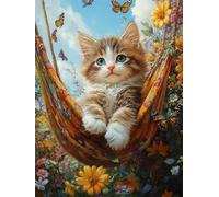 DIY 5D Adultes et débutants Diamant Peinture Complète Foret Kit Hamac Chaton Mignon Papillon Motif Broderie Diamant Art Kits Diamond Painting Idéal Pour Décoration Murale Foret Rond 35x45cm AC1000