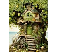 DIY 5D Diamant Numérique Peinture Kit, Cabane dans les arbres fruitiers en bord de mer, C Cristal Strass Broderie Point De Croix Artisanat Toile Décoration Murale