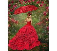 DIY 5D Diamant Peinture Femme en robe rouge Point De Croix Broderie Diamond Painting Kits Salon Chambre Décoration Autocollant -Round Drill,40x50cmC3909