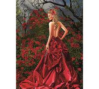 DIY 5D Diamant Peinture Kit Grande Point De Croix Broderie Diamond Painting Full Kits Plein Forage Salon Chambre Couloir Bureau Décoration Autocollant Murale Femme en robe rouge Foret Rond 45x60cm
