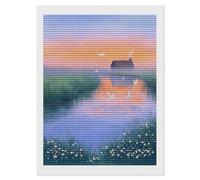 DIY 5D Diamond Painting A Tranquil Lake with Flying Birds and A Cottage in The Distance.Diamond Embroidery Cross Stitch Full Round Drill Mosaic Art Decor12 x16