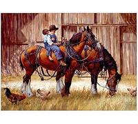 DIY 5D Peinture Diamant Painting Perceuse complet,Les enfants montent à cheval Point de Croix Kit Adultes Enfants Grande Broderie Cristal Artisanat Décor Murale à la Maison Round Drill 100x120cm