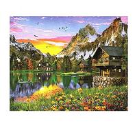 DIY 5D Peinture Diamant Painting Perceuse complet,Vue sur le lac sur la montagne Point de Croix Kit Adultes Enfants Grande Broderie Cristal Artisanat Décor Murale à la Maison Round Drill 60x80cm