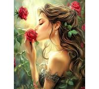 Diy 5D Tableau Diamant Femme Et Roses Rouges Kit D'Art En Diamant，Perceuse Ronde Complète，Dessin En Cristal，Broderie De Diamants Pour Décoration Murale De Maison 40x50cm