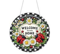 DIY Diamond Painting Pendentif avec chaîne, images de peinture diamant, 5D Diamond Painting Kits de décoration murale pour fenêtre, mur, entrée de jardin, coccinelle Bienvenue dans notre maison