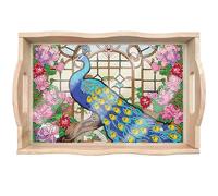 DIY Diamond Painting Plateau de service rectangulaire en bois avec poignées, peinture diamant (04 paon)
