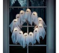 DIY Ghost Wreath, Glowing Ghosts Wreath, Halloween DIY Lit Ghost Garland, Spooky Indoor & Outdoor Hanging Decoration for Front Door, Wall, Party, Battery-Powered Halloweens Decor (2 Sets)