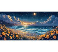 DIY Grande Diamond Painting Kit Complet, Vue De Nuit De ChrysanthèMe 5D Forage Circulaire Artisanat Mosaique Broderie Art du Diamant, Adultes Enfants Noel Maison à Coucher Décor 80x160cm KH4Y-351