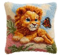 Diy Kit Crochet De Verrouillage Set De Crochetage De Coussin Petit Lion Et Papillon 43X43Cm Decoration Maison Manuelle Coussin Canape Salon Broderie Avec Fermeture Eclair Pour Chambre À Couc