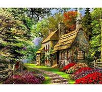 DIY Point de Croix Kit pour Debutant Adulte,Canevas Point de Croix Kit Complet Enfant,11CT Toile pré-imprimé,Moineaux et fleurs,chalet de montagne,40x50cm