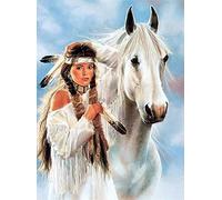 DIY Point de Croix Kit pour Debutant Adulte,Canevas Point de Croix Kit Complet Enfant,11CT Toile pré-imprimé,Moineaux et fleurs,Indiens et chevaux blancs,40x50cm