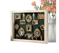DIY Shadow Box Frame - Display Case with Light, Figurines and Gold Mini Frames | Memory Showcase Decoration for Wedding Birthday Holiday Home Bedroom Living Room Decor