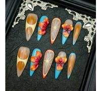 DIY Y2K 10 pièces Ongles Acryliques Press-On Stiletto Longs Dégradé Français Orange/Bleu/Blanc, Fleur 3D & Cercle Avec Mangue/Myrtille Sculptés à la Main, Femmes/Filles, Tenue de Soirée, Comprend Auto
