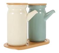 DIYEAH Ensemble de 2 Bocaux à Vinaigre en Céramique Beige Clair et Vert Clair avec Distributeur D'huile, Flacon Doseur Anti-goutte Cuisine Maison et Restaurant, Récipient à Sauce Soja