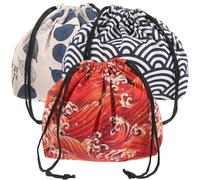 DIYEAH Lot de 3 Pochettes à Lunch Japonaises en Tissu Paquet Bento Pratique à Cordon Motifs Bleu Lotus Vague D’Eau et Rouge Paquet à Lunch Portable Multifonction pour Repas en Plein