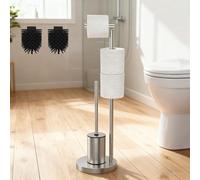 DIYGEEK Porte Papier Toilette sur Pied, Support Papier Toilette Debout avec Brose WC, avec 2 Têtes de Brosse Interchangeables, Hauteur 70 cm, Acier Inoxydable, Argenté