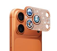 DiyGody 1 Pack Caméra Arrière Protection Compatible avec iPhone 17 Pro Max, Plaque Métallique Strass 9H Verre Trempé Protecteur Objectif Anti-Rayures Protecteur pour iPhone 17, Diamant Orange