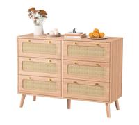 DIYHOM Commode en rotin à 6 tiroirs - Buffet haut avec pieds en bois - Buffet vintage - Pour chambre à coucher, salon, couloir - 100 x 34 x 73 cm