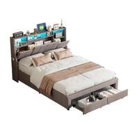 DIYHOM Lit double rembourré, 140 x 200 cm, avec éclairage LED et 2 tiroirs, lit double fonctionnel, tête de lit rabattable, lin, gris