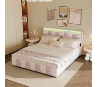 DIYHOM Lit rembourré, 140 x 200 cm, avec 4 tiroirs, espace de rangement, lit double, avec éclairage LED, motif damier blanc/rose, avec sommier à lattes, velours