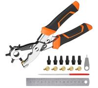 Diyife Pince Perforatrice à Double Levier - 6 Têtes de Perforation Remplaçables & 5 Rondelles en Cuivre, Loquet de Sécurité, PVC Antidérapant pour Ceintures, Bracelets, Cuir, Chaussures, Tissus