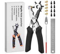 Diyife Pince Perforatrice Cuir à Double Levier Ensemble Complet, 6 Têtes de Perforation Remplaçables & 5 Rondelles en Cuivre, PVC Antidérapant pour Ceintures, Cuir, Chaussures, Tissus - Noir
